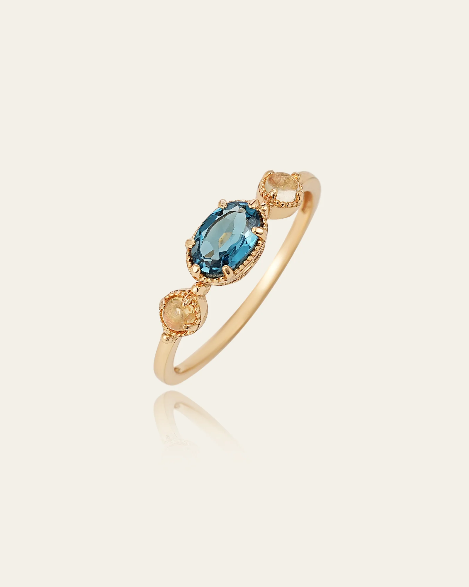 14K Solid Gold Celestine Topaz & Opal Ring