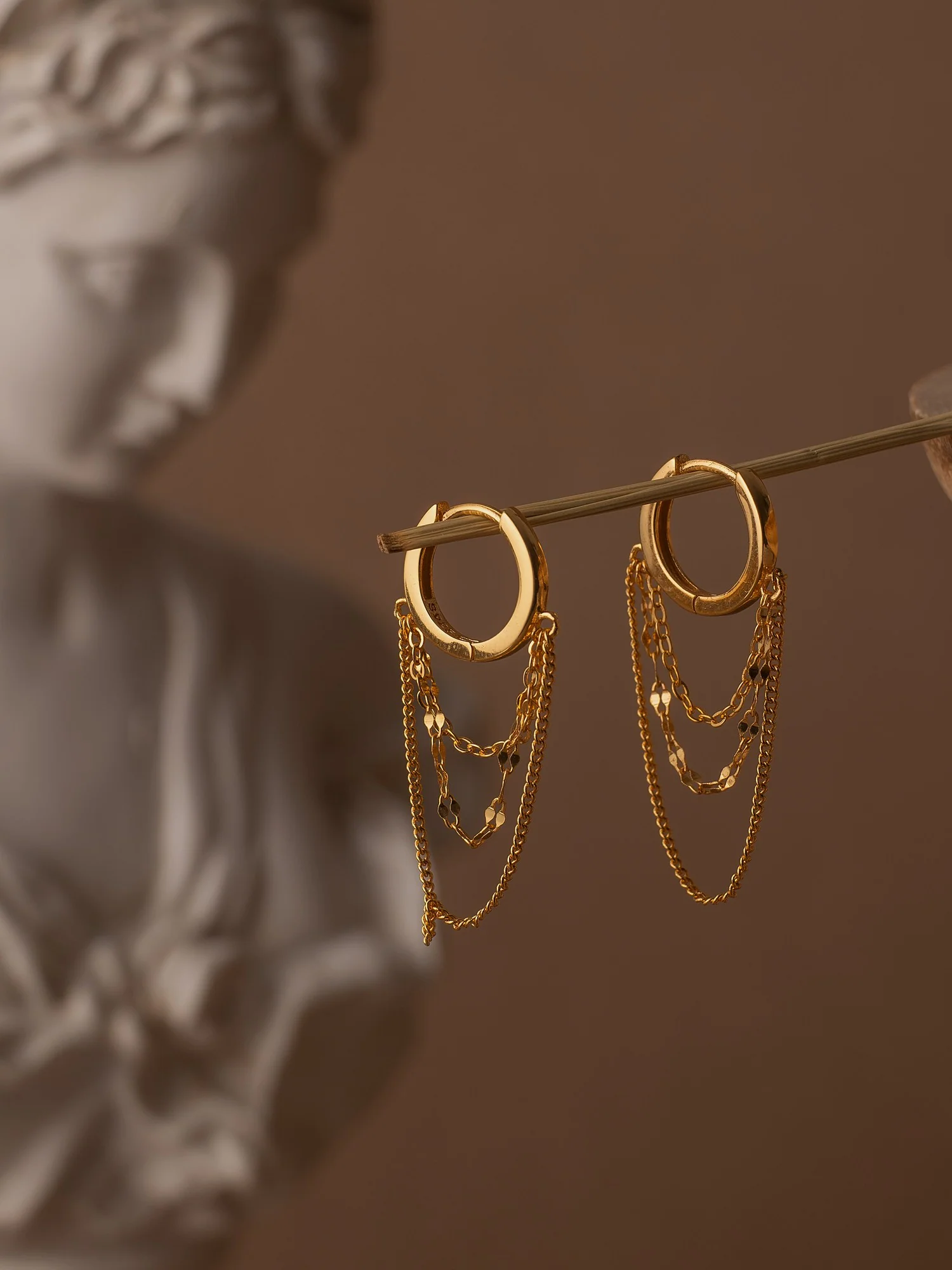 9K Solid Gold Sleeper Chain Hoop Earrings - Image 7