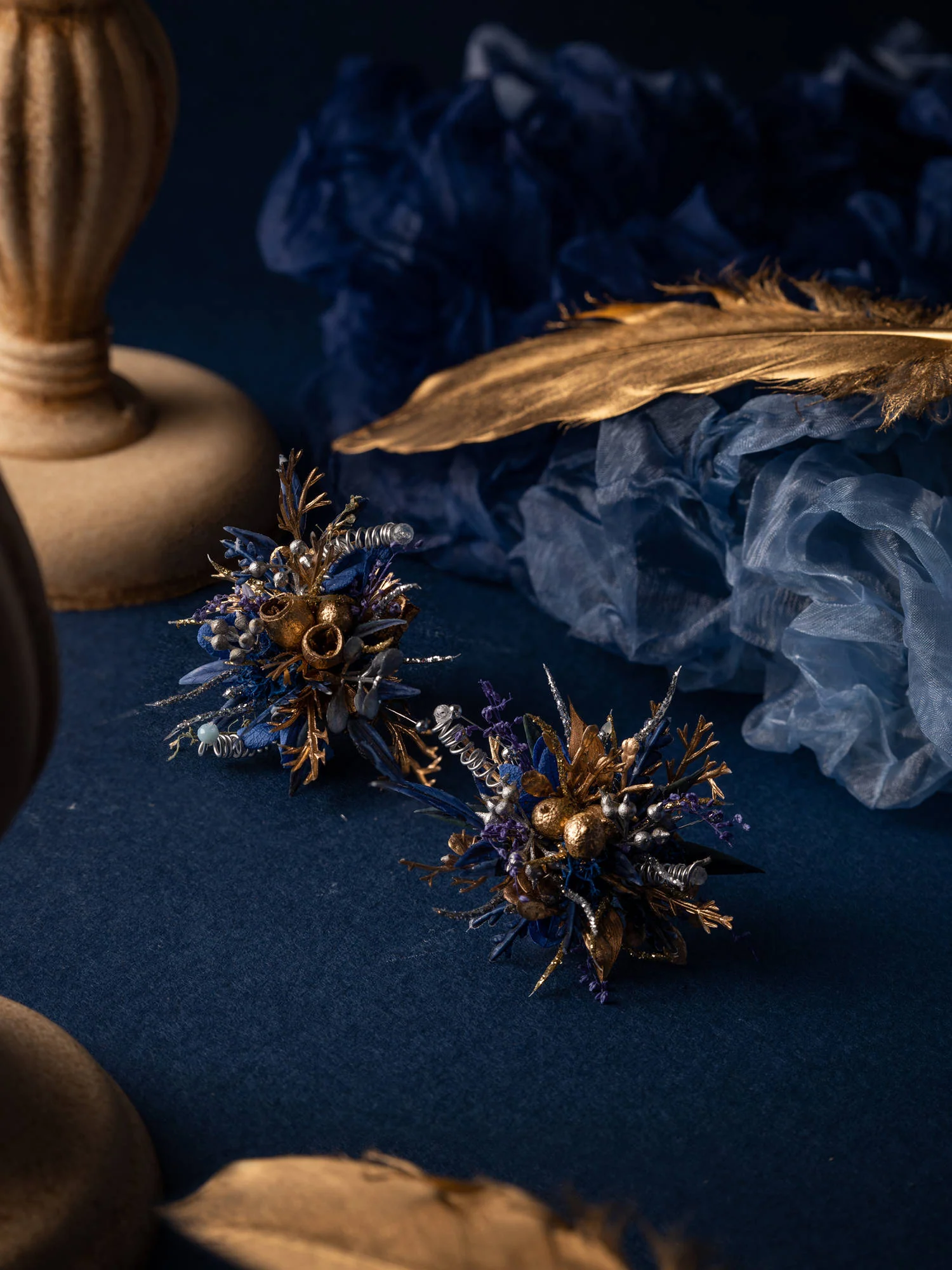 Blue and Gold Baroque Wedding Flower Corsage Rings - Image 3